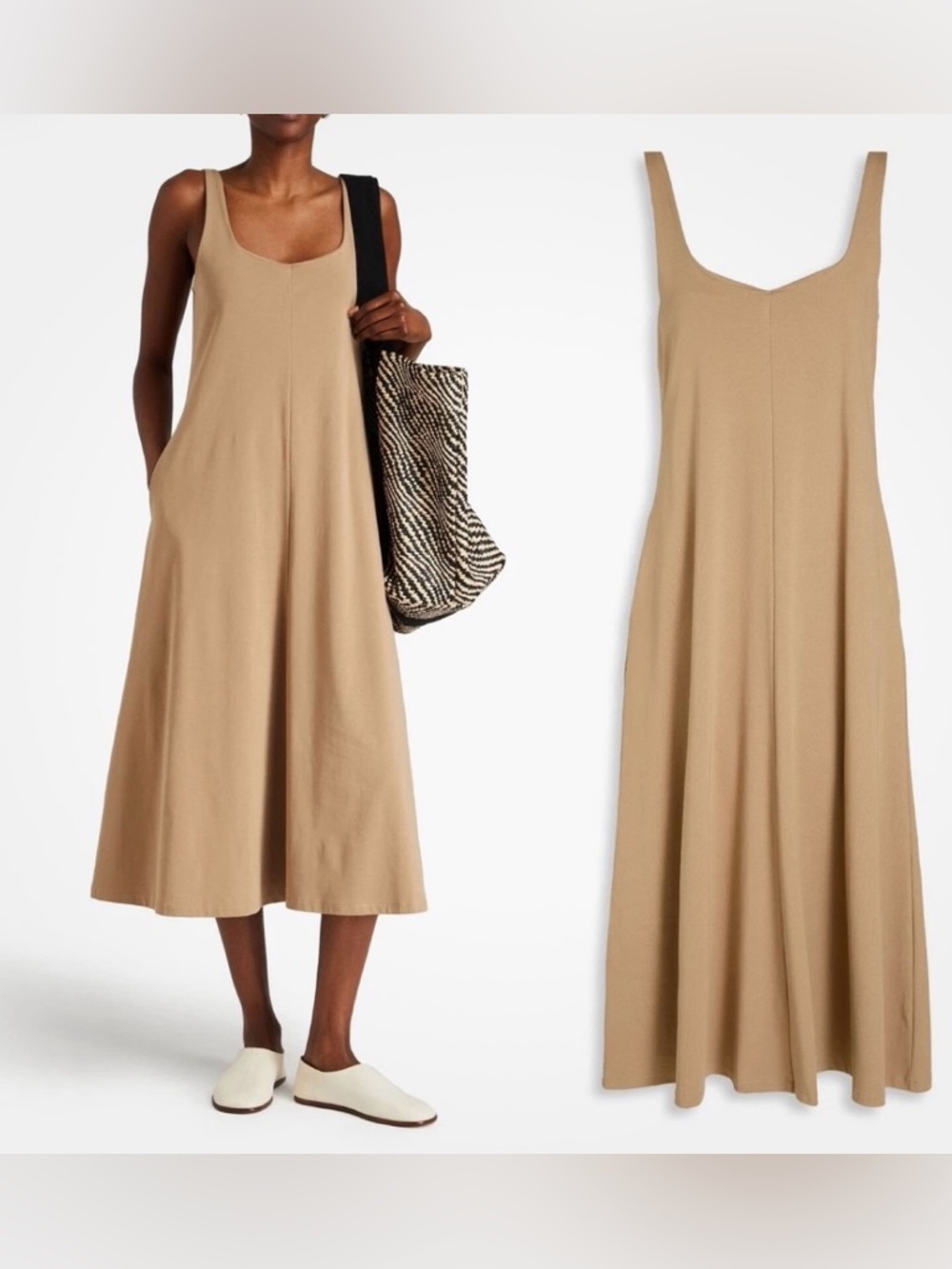 VINCE Paneled Trapeze Style Sleeveless Midi Dress Khaki Sz L Cotton Pockets- EUC